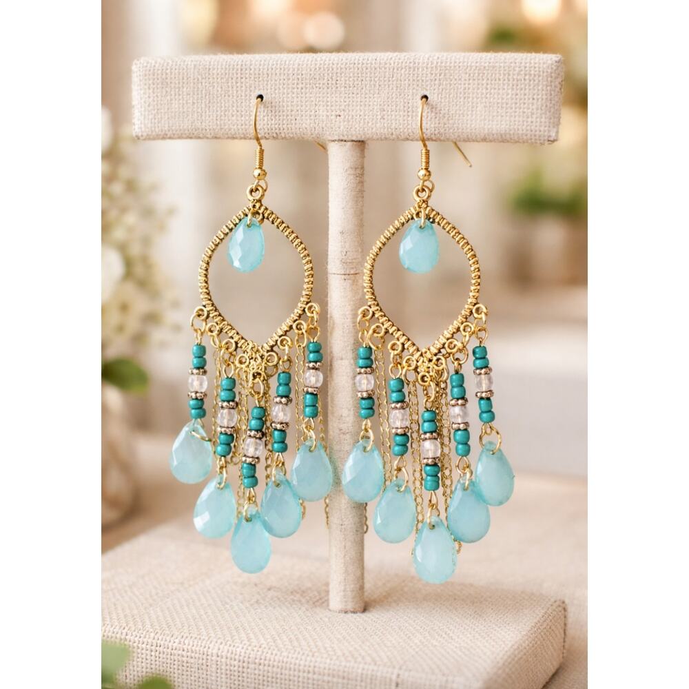 Gold Blue Boho Chandelier Earrings New